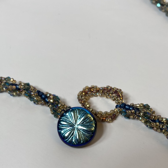 Iridescent Blue Twisted Seed Bead Necklace - Picture 6 of 14